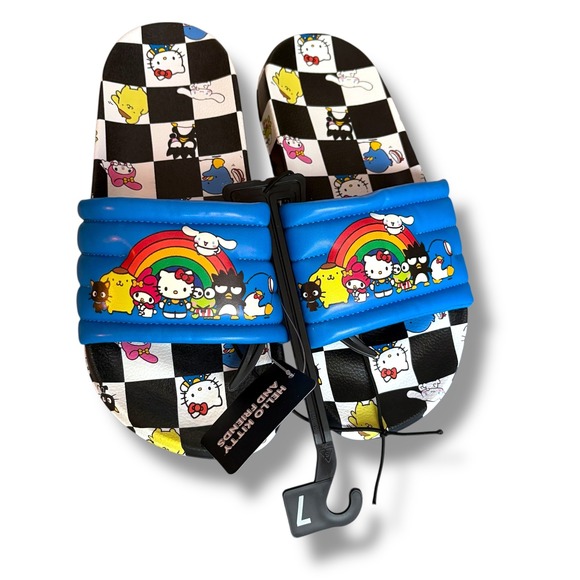 Hello Kitty and Friends Slides Sandals Rainbow Checkerboard Print Womens Size 7 - Picture 1 of 3